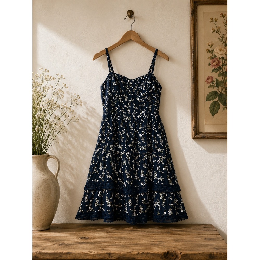 Hollister Floral Smocked Dress Navy Sweetheart Neck Ruffle Hem Boho Summer XS